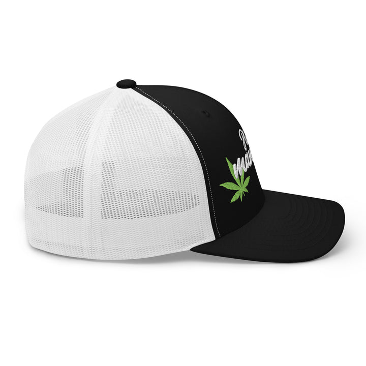 Black and white mesh snapback hat featuring cannabis leaf for urban streetwear apparel