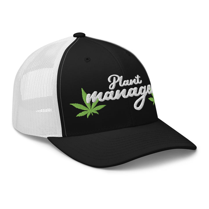 Fluid Identity Black and White Trucker Hat with Plant Manager Embroidery and Cannabis Leaf Design for Urban Streetwear Apparel