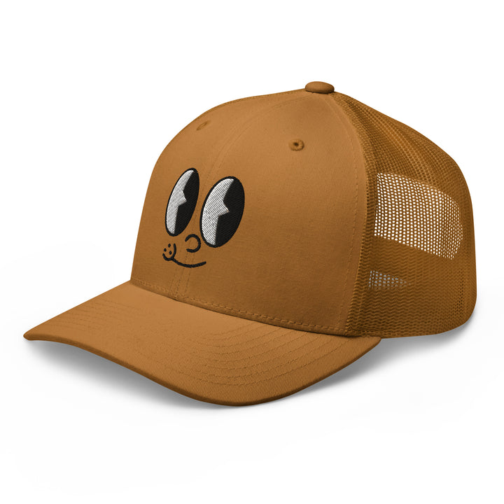 Brown mesh cap with playful cartoon eyes, part of Urban Streetwear Apparel collection