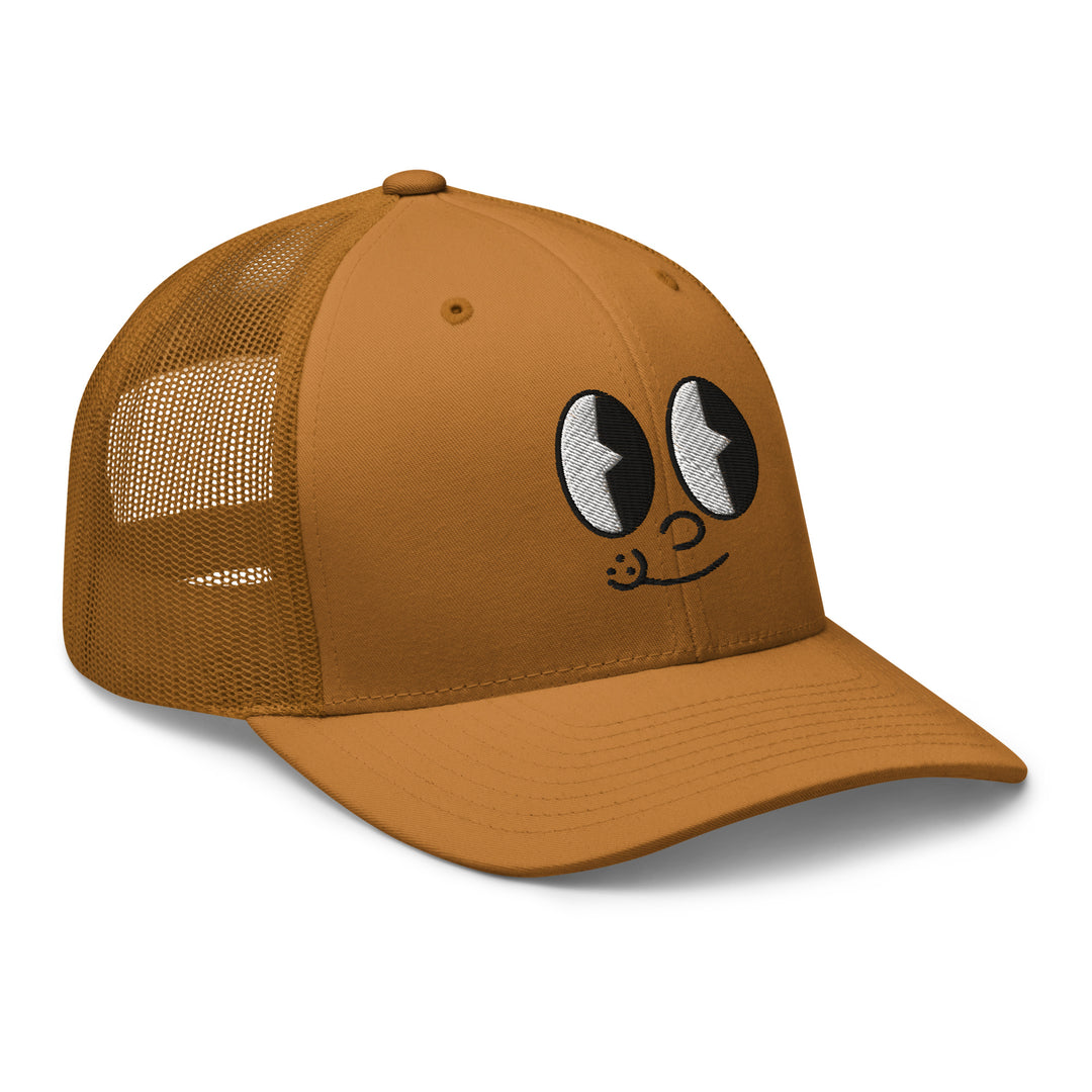 Brown cap with playful cartoon eyes design, perfect for Urban Streetwear Apparel enthusiasts