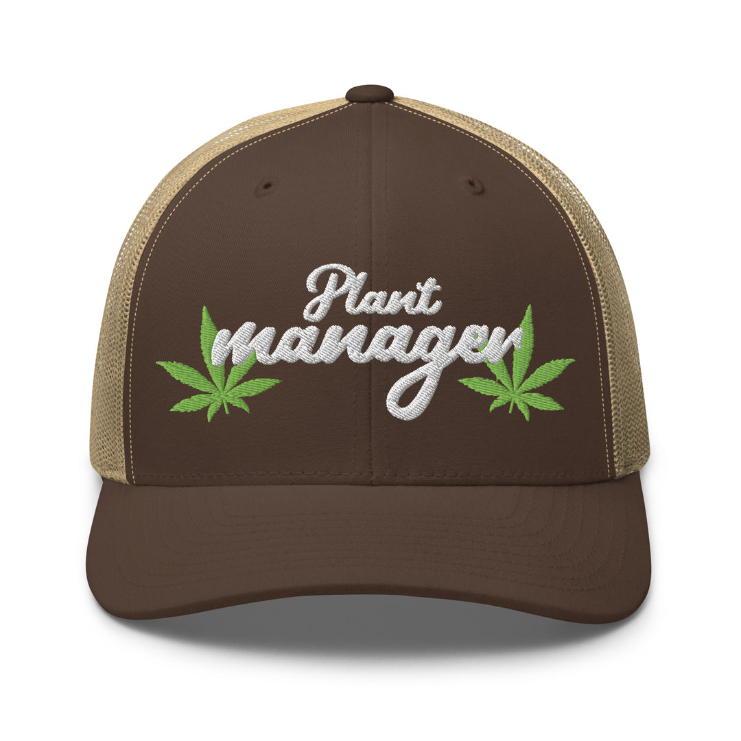 Brown trucker hat with embroidered Plant Manager logo and green leaves for Urban Streetwear Apparel