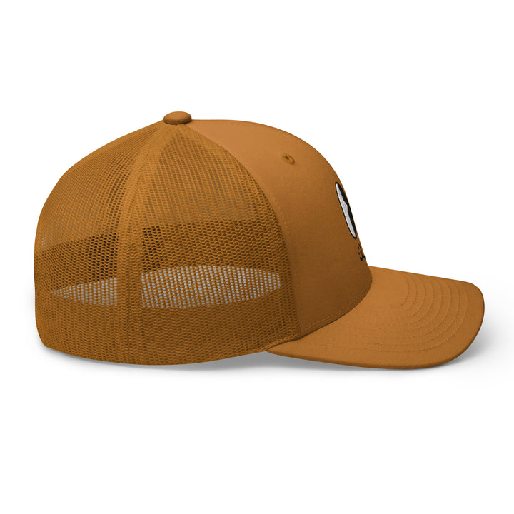 Brown mesh back cap featuring a playful design, perfect for Urban Streetwear Apparel style