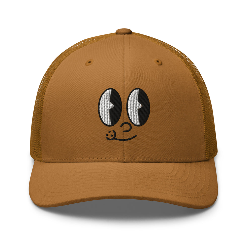 Brown cap with playful cartoon eyes, perfect for Urban Streetwear Apparel enthusiasts