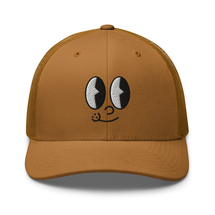 Brown cap with playful cartoon eyes, perfect for Urban Streetwear Apparel enthusiasts