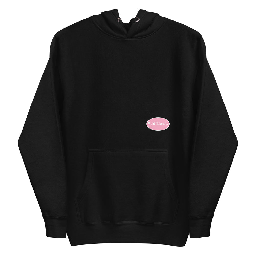 Fluid Identity Black Hoodie with Pink Logo, perfect for Urban Streetwear Apparel enthusiasts