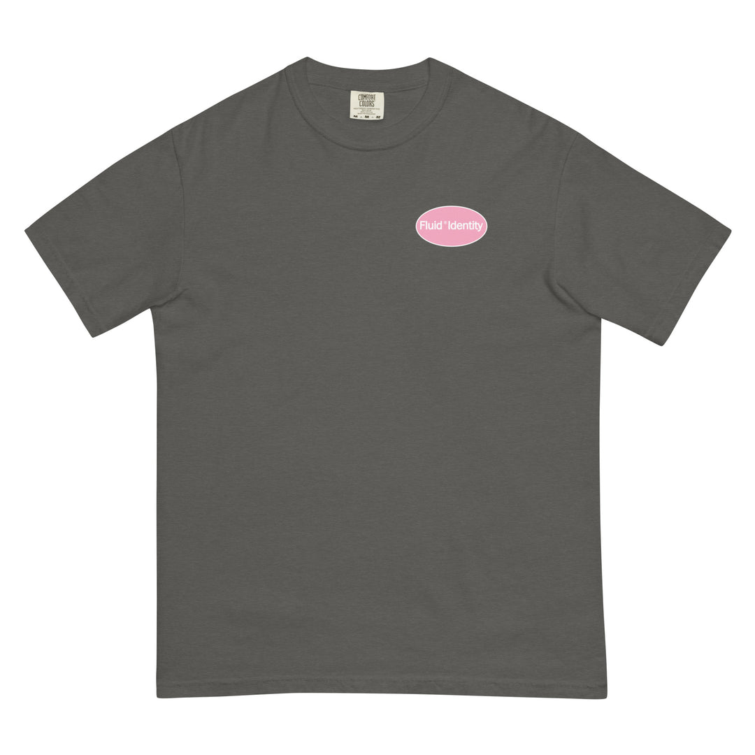Fluid Identity Gray T-Shirt with Pink Logo for Urban Streetwear Apparel Enthusiasts