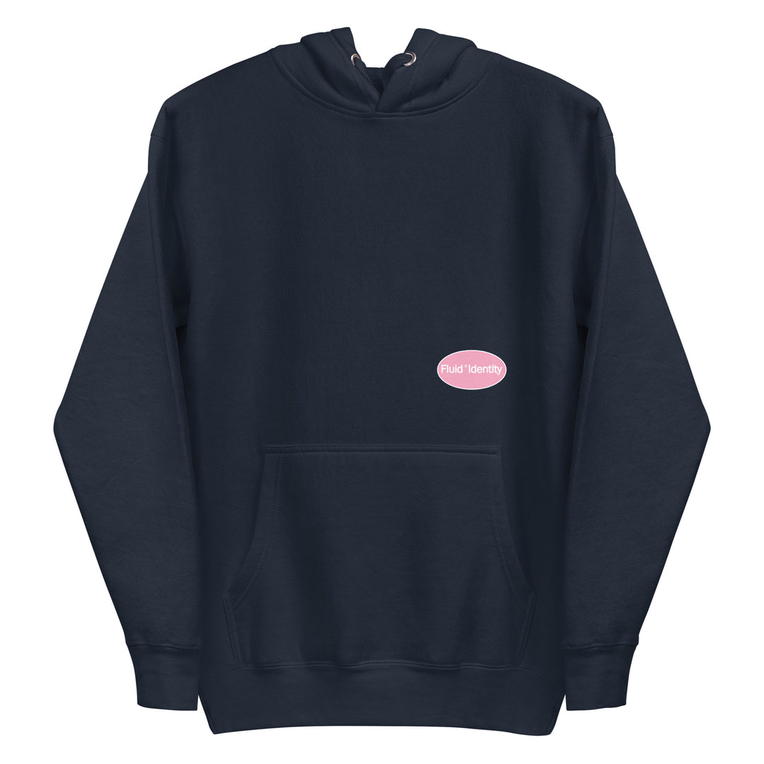 Fluid Identity Navy Hoodie featuring a pink logo for Urban Streetwear Apparel enthusiasts