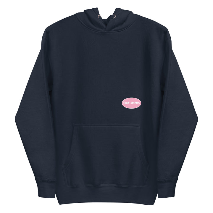Fluid Identity Navy Hoodie featuring a pink logo for Urban Streetwear Apparel enthusiasts