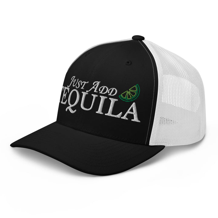 Just Add Tequila Black and White Trucker Hat with Lime Slice, perfect for Urban Streetwear Apparel fans