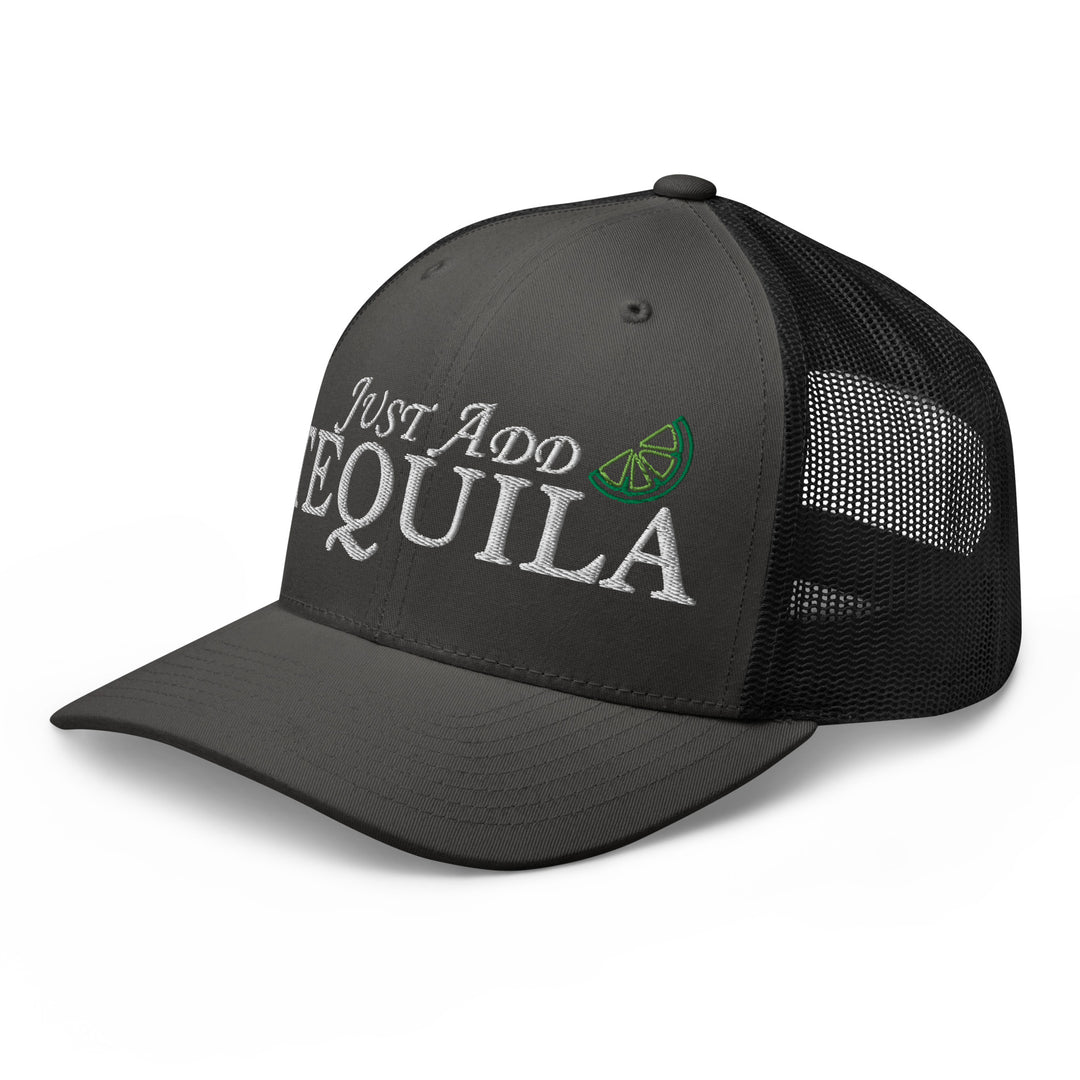 Just Add Tequila Gray Trucker Hat with Lime Graphics for Urban Streetwear Apparel Lovers
