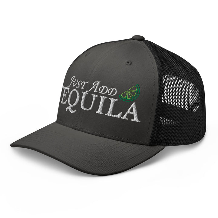 Just Add Tequila Gray Trucker Hat with Lime Graphics for Urban Streetwear Apparel Lovers