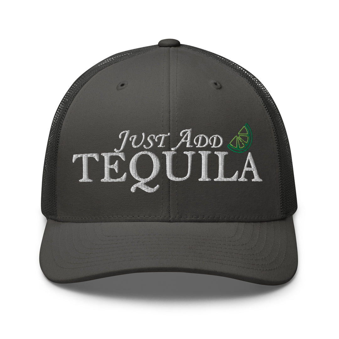 Stylish black cap with embroidered 'Just Add Tequila' text, perfect for urban streetwear apparel enthusiasts