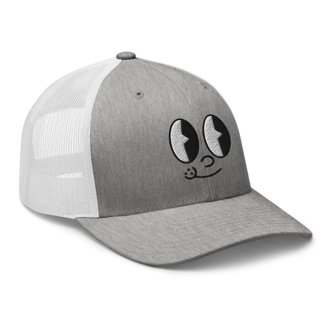 Fluid Identity Gray Cap with Cute Face Design for Urban Streetwear Apparel Fans