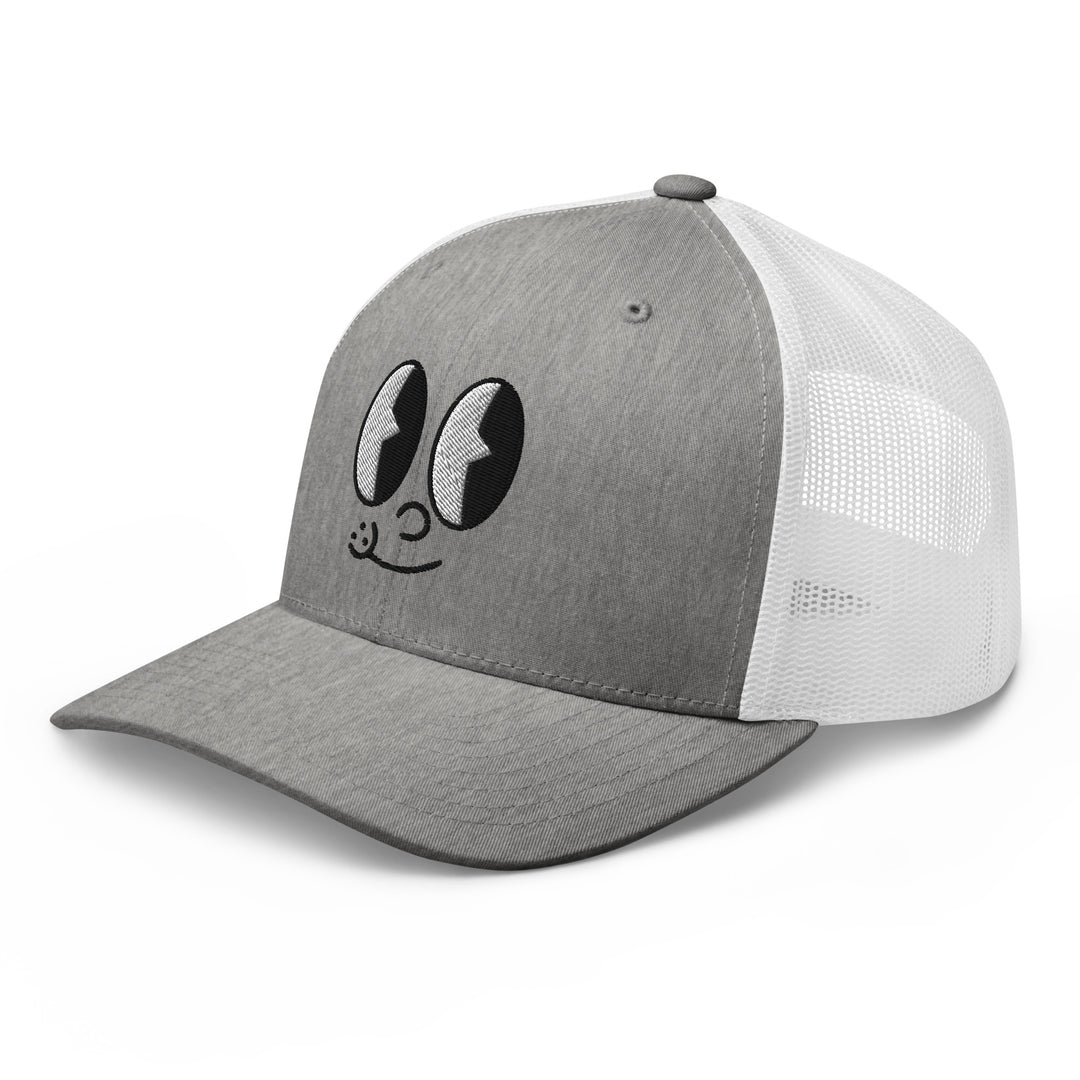 Fluid Identity Gray Cap with Cartoon Eyes Design for Urban Streetwear Apparel Enthusiasts