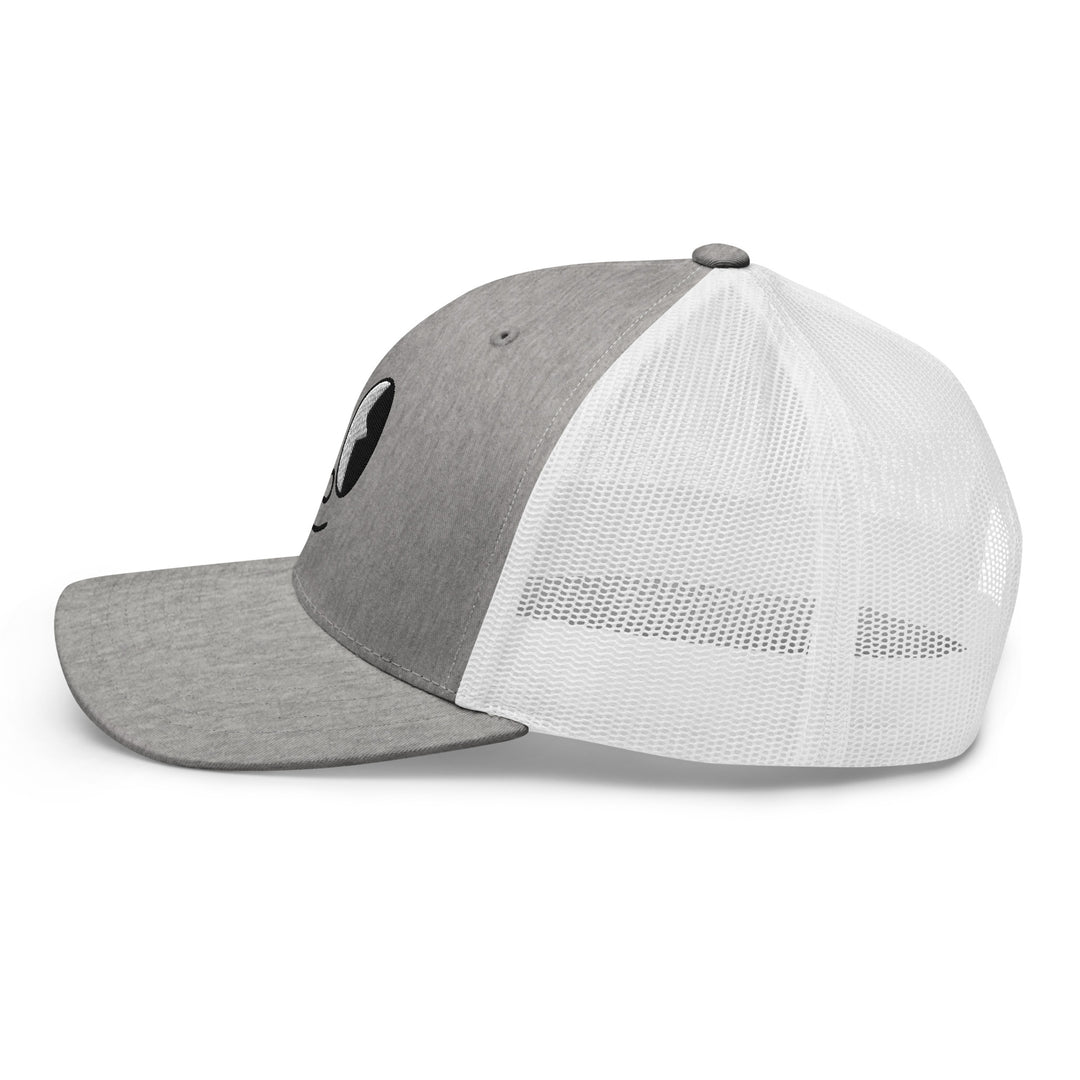 Gray and white mesh cap featuring a unique design, perfect for urban streetwear apparel enthusiasts