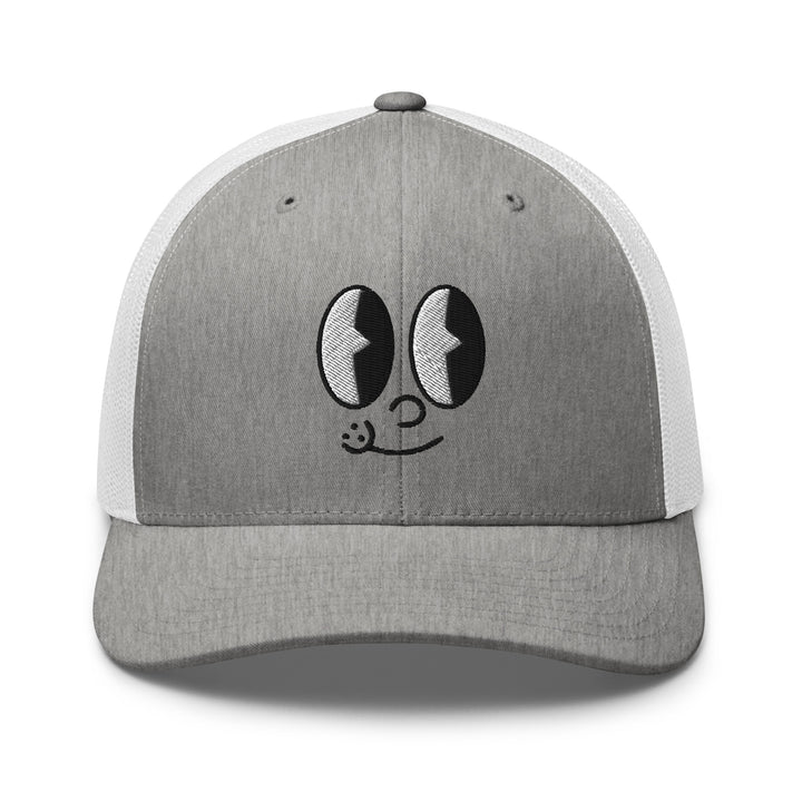 Fluid Identity Gray Snapback Hat with Cute Smiling Face Design, ideal for Urban Streetwear Apparel