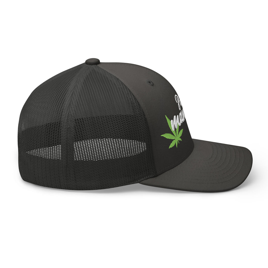 Fluid Identity Black Trucker Hat with Cannabis Leaf, Perfect for Urban Streetwear Apparel