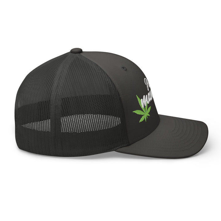 Fluid Identity Black Trucker Hat with Cannabis Leaf, Perfect for Urban Streetwear Apparel
