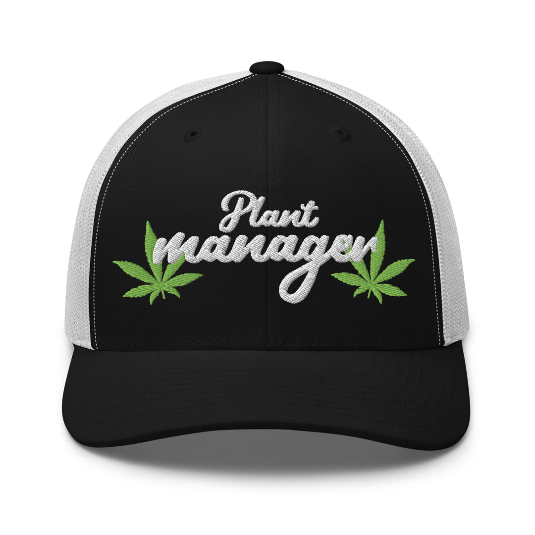 Black and white trucker hat with embroidered 'Plant Manager' and cannabis leaves, ideal for Urban Streetwear Apparel enthusiasts