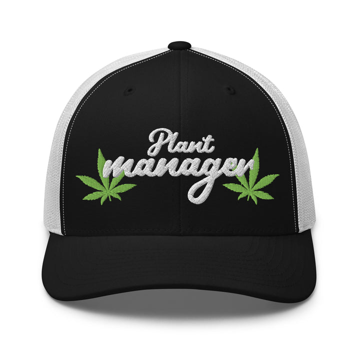 Black and white trucker hat with embroidered 'Plant Manager' and cannabis leaves, ideal for Urban Streetwear Apparel enthusiasts