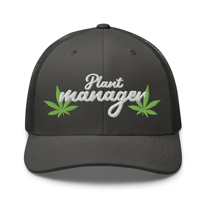 Dark gray hat with embroidered text Plant Manager and green leaf designs for Urban Streetwear Apparel