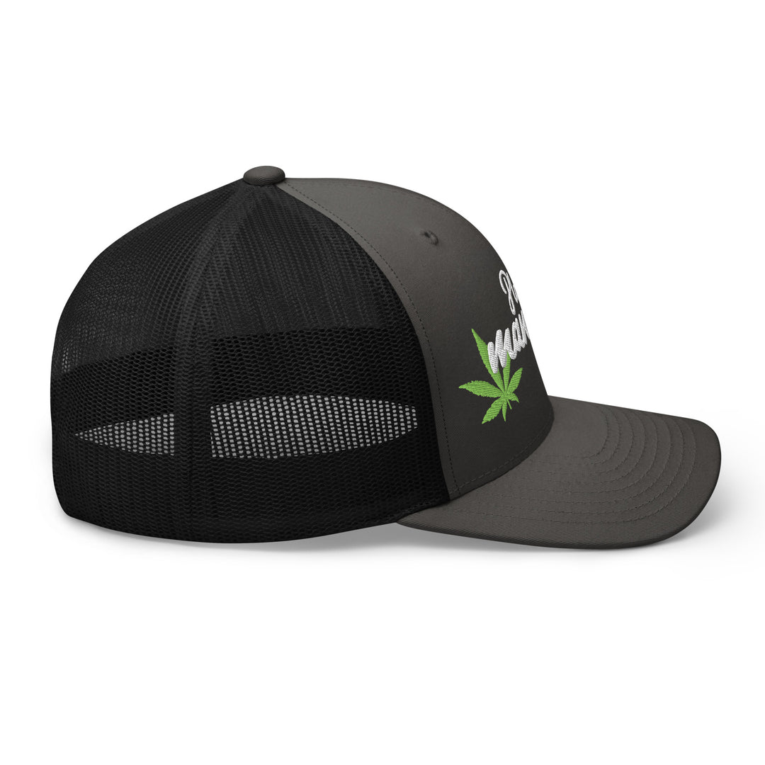 Fluid Identity Urban Streetwear Apparel Trucker Hat with Green Leaf Design and Mesh Back