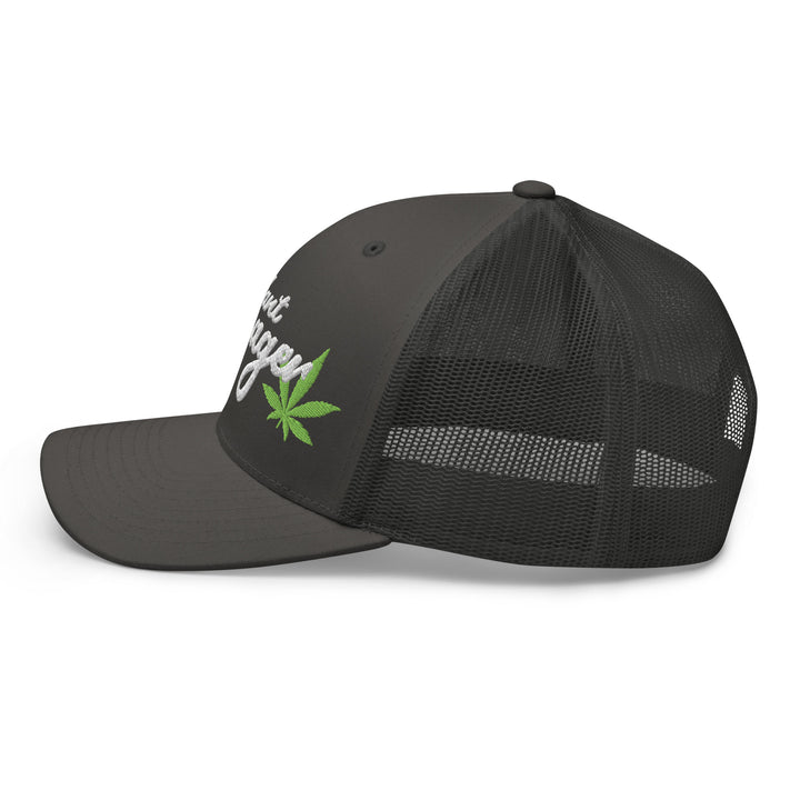 Fluid Identity Black Trucker Hat featuring cannabis leaf design in Urban Streetwear Apparel style