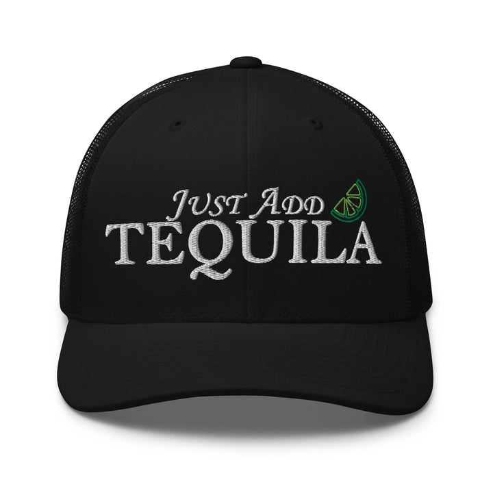 Black cap with 'Just Add Tequila' text and lime graphic, perfect for Urban Streetwear Apparel enthusiasts