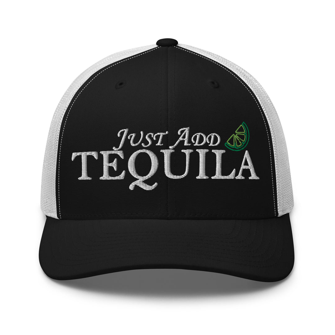 Black and gray cap featuring 'Just Add Tequila' embroidery for urban streetwear apparel enthusiasts