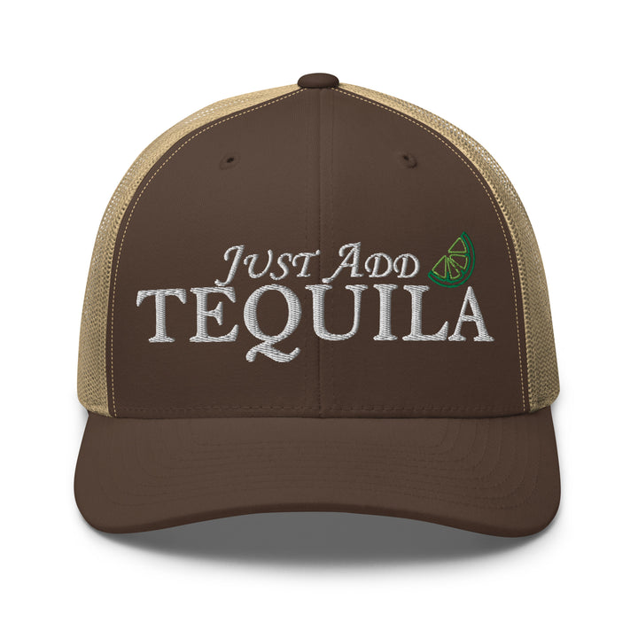 Brown Trucker Hat with 'Just Add Tequila' Embroidery for Urban Streetwear Apparel Lovers
