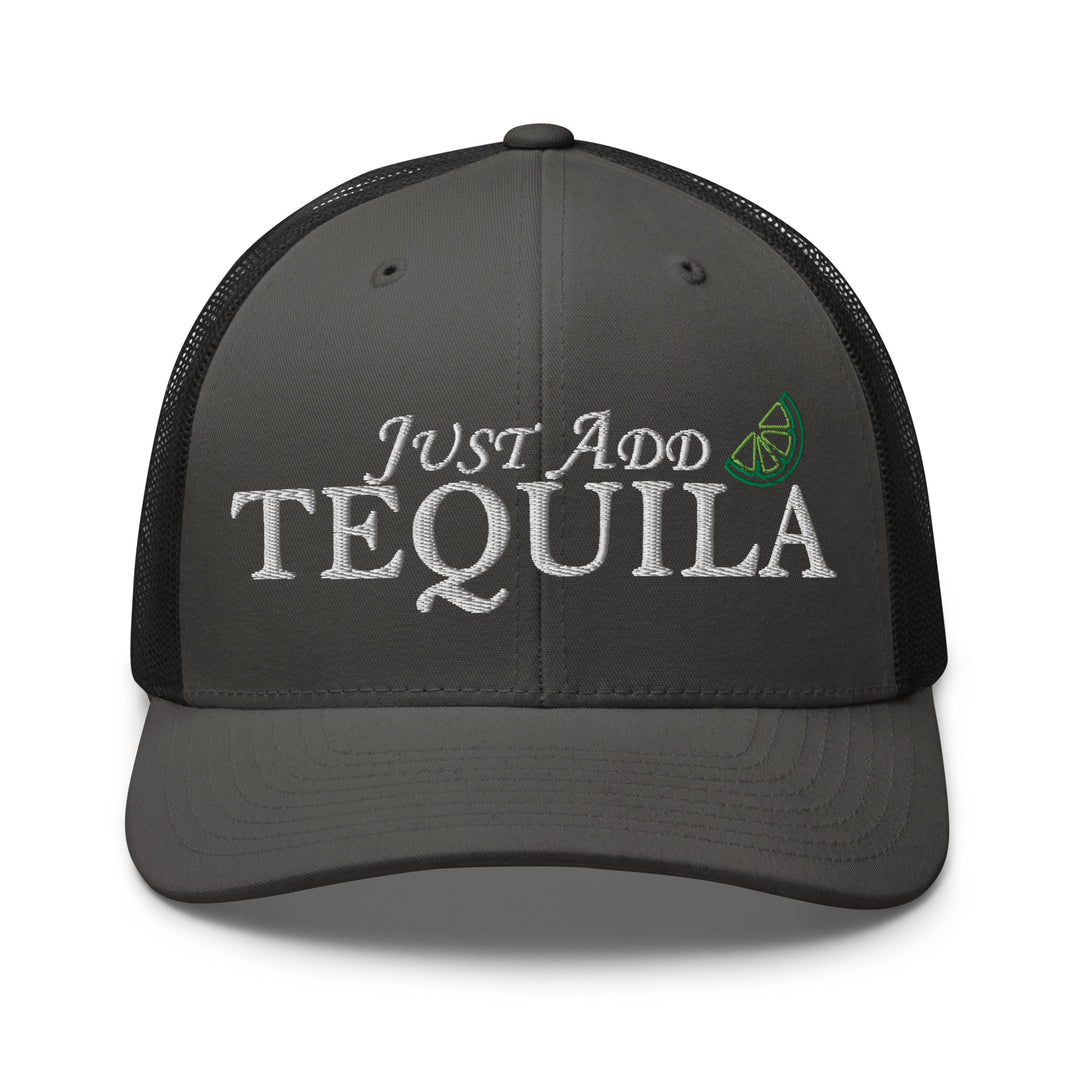 Fluid Identity Just Add Tequila Trucker Hat in Dark Gray, Perfect for Urban Streetwear Apparel Lovers