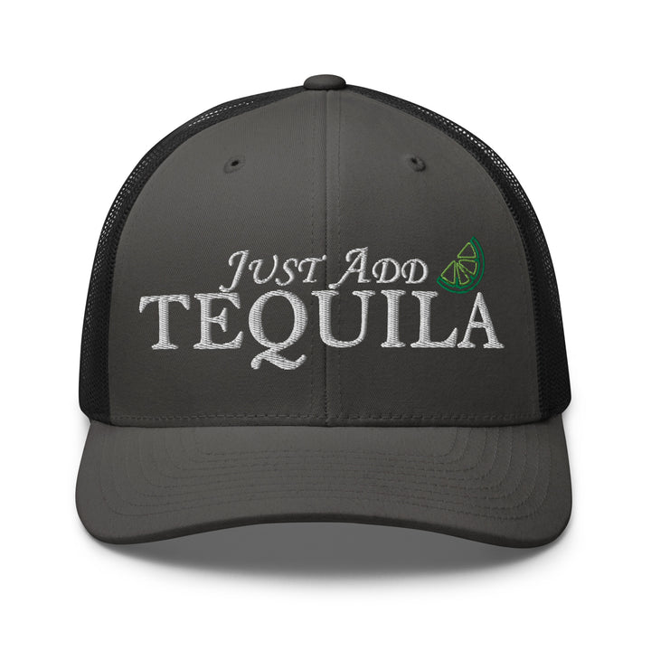 Fluid Identity Just Add Tequila Trucker Hat in Dark Gray, Perfect for Urban Streetwear Apparel Lovers