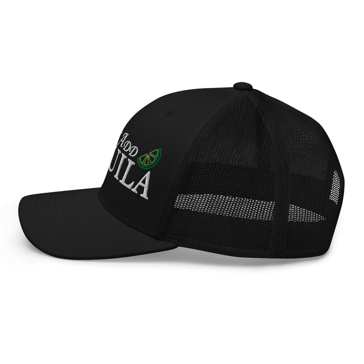 Fluid Identity Black Trucker Hat with Tequila Logo, Perfect for Urban Streetwear Apparel Style