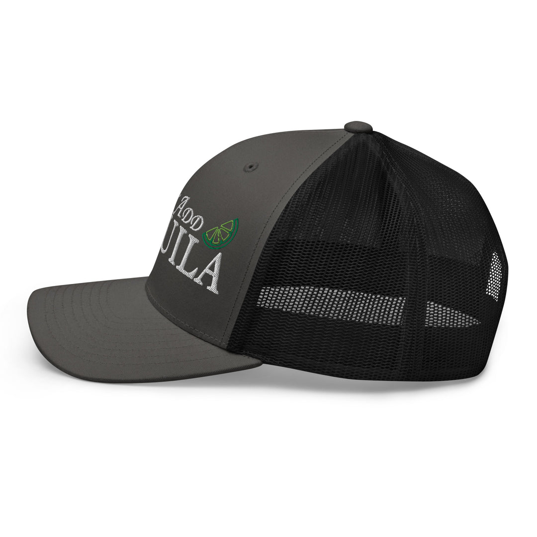 Fluid Identity Urban Streetwear Apparel Gray and Black Trucker Hat with Logo Design