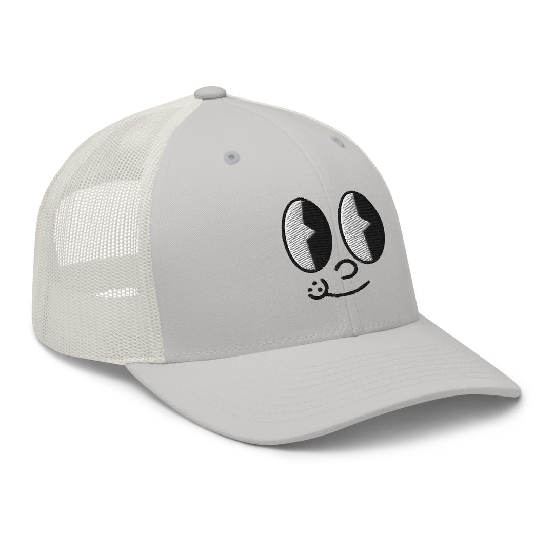 Fluid Identity Urban Streetwear Apparel Gray Trucker Hat with Cartoon Face Design