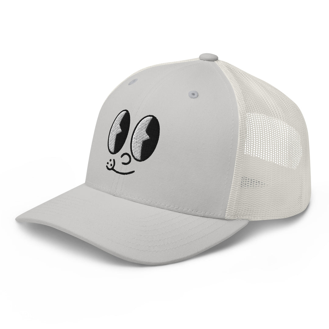 Fluid Identity Grey Trucker Hat with Cartoon Eyes, perfect for Urban Streetwear Apparel enthusiasts