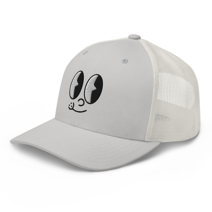 Fluid Identity Grey Trucker Hat with Cartoon Eyes, perfect for Urban Streetwear Apparel enthusiasts