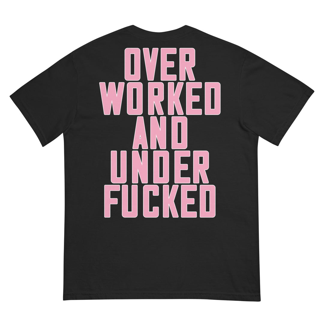 Fluid Identity Urban Streetwear Apparel Black T-Shirt with Pink 'Overworked and Underfucked' Print