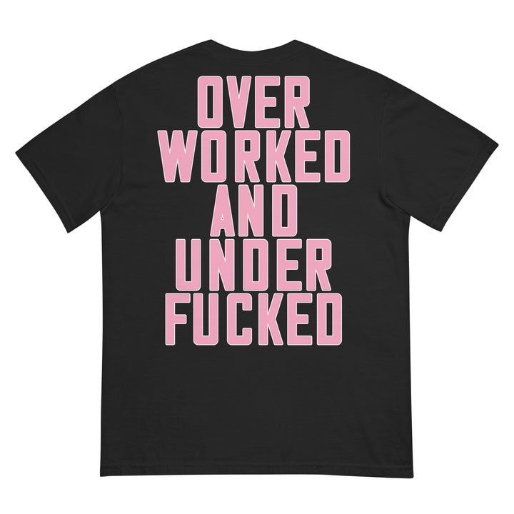 Fluid Identity Urban Streetwear Apparel Black T-Shirt with Pink 'Overworked and Underfucked' Print