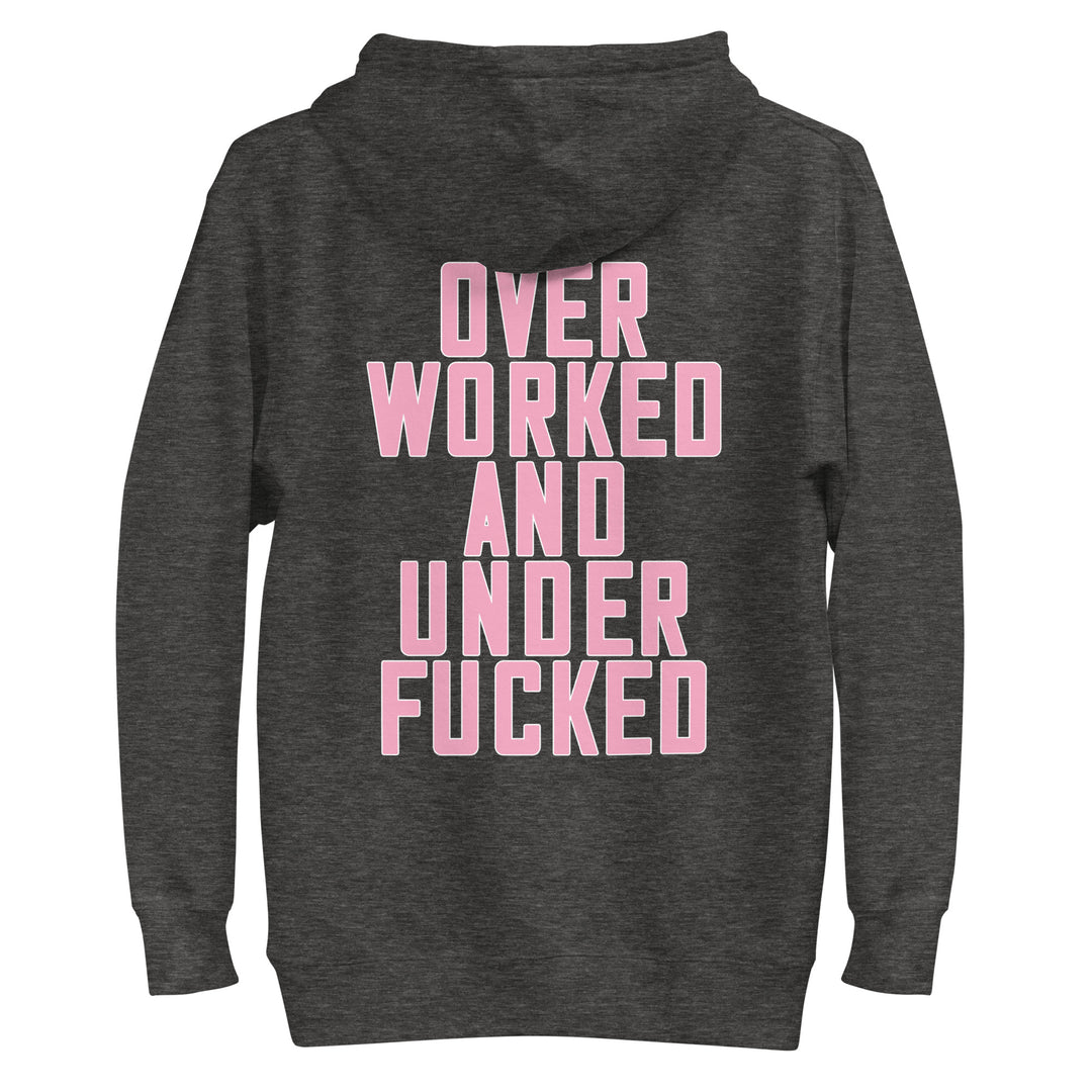 Fluid Identity Urban Streetwear Apparel Black Hoodie with Pink Text Design 'Overworked and Underfucked'