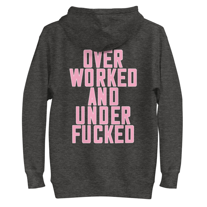 Fluid Identity Urban Streetwear Apparel Black Hoodie with Pink Text Design 'Overworked and Underfucked'