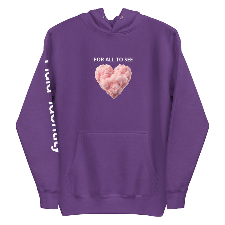 Fluid Identity Purple Hoodie with Heart Design and Text, Perfect for Urban Streetwear Apparel