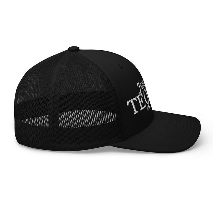 Fluid Identity Black Trucker Hat featuring 'Just Tequila' text, perfect for Urban Streetwear Apparel enthusiasts