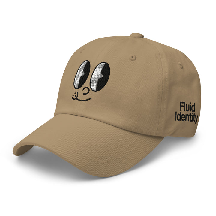 Fluid Identity Beige Baseball Cap with Playful Cartoon Design for Urban Streetwear Apparel