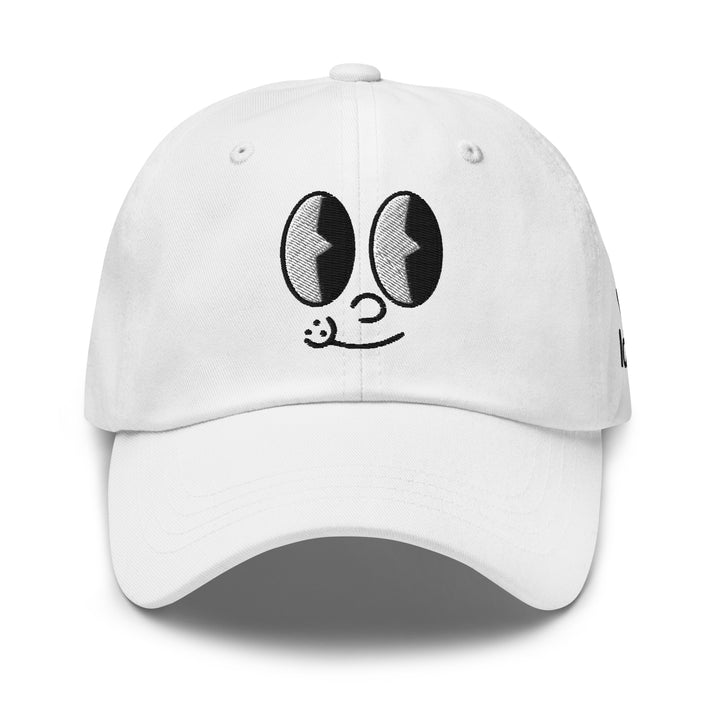 White cap with playful cartoon eyes design, perfect for Urban Streetwear Apparel enthusiasts
