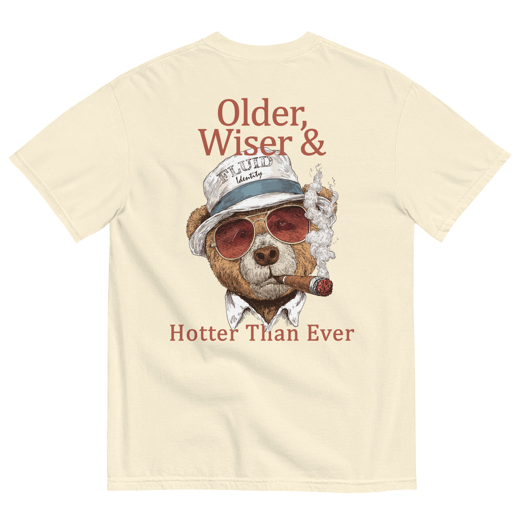 Cream Tee featuring a bear in sunglasses and hat with text Older, Wiser & Hotter Than Ever for Urban Style Streetwear Fashion