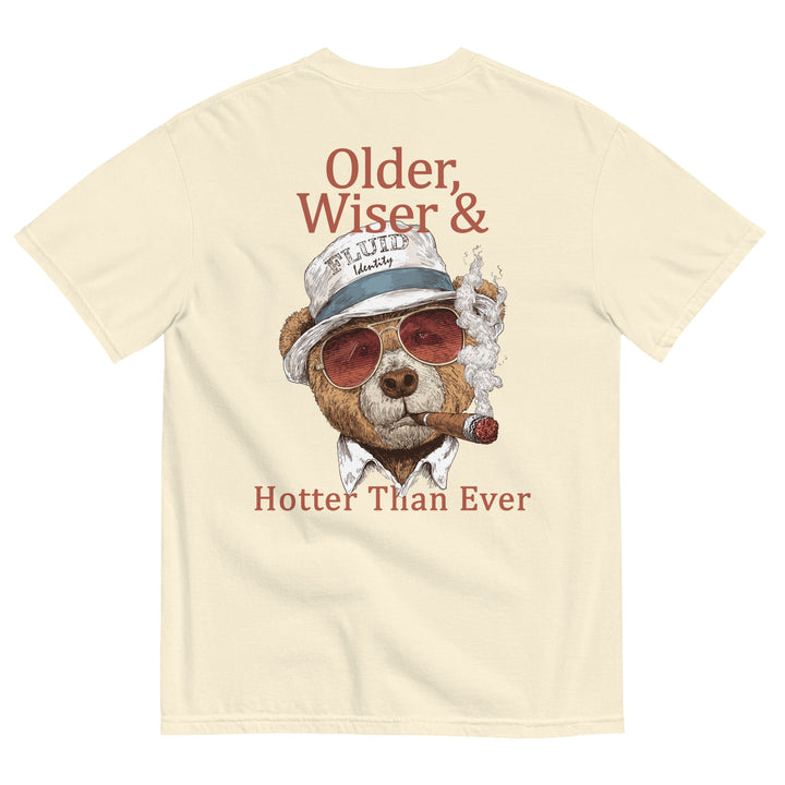 Cream Tee featuring a bear in sunglasses and hat with text Older, Wiser & Hotter Than Ever for Urban Style Streetwear Fashion