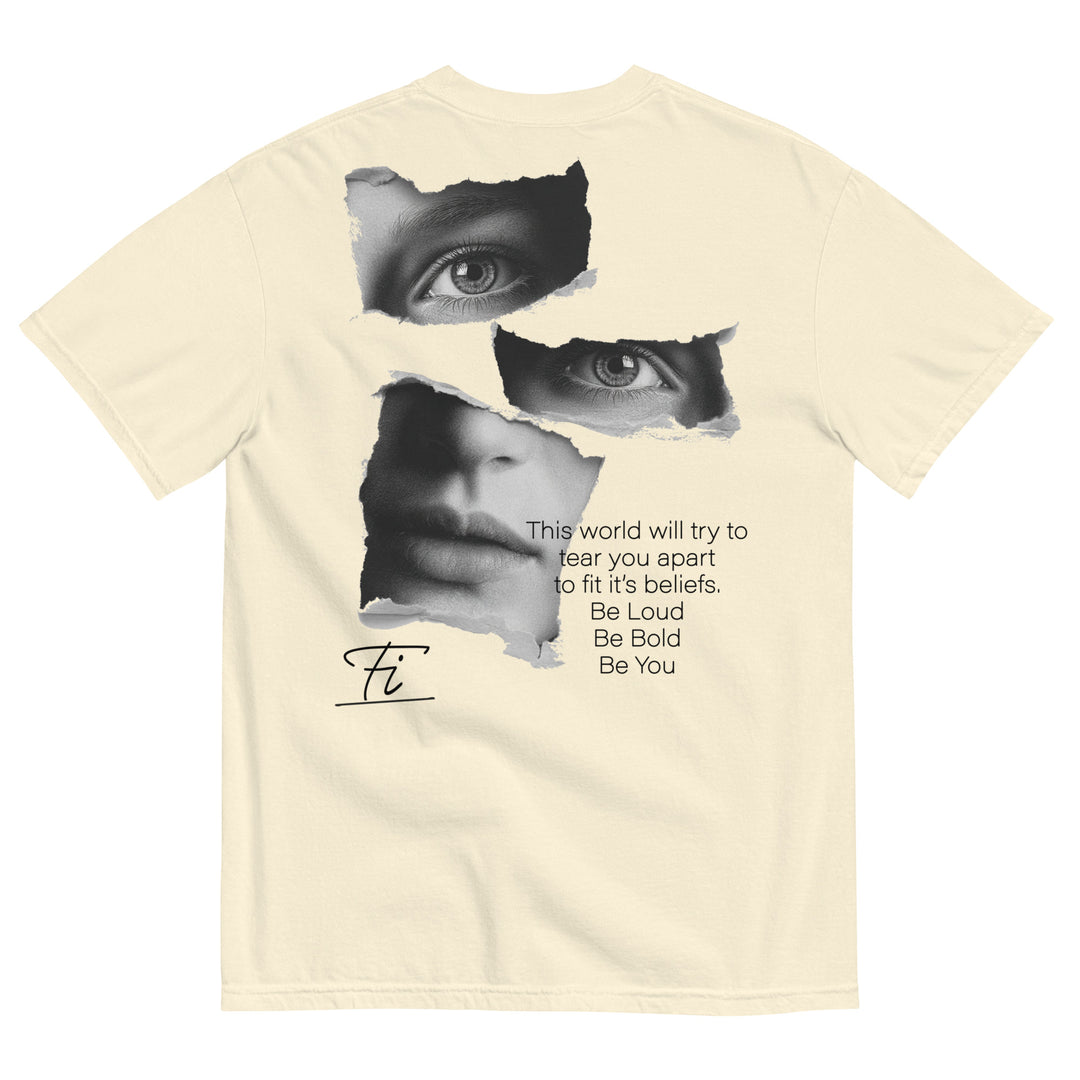 Cream T-shirt with Urban Style Streetwear Fashion design featuring a dual-eye graphic and empowering text