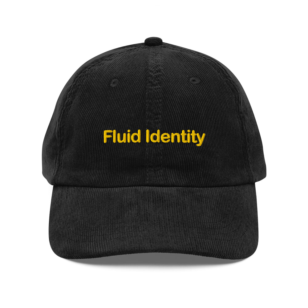 Black corduroy cap with yellow Fluid Identity logo for Urban Style Streetwear Fashion