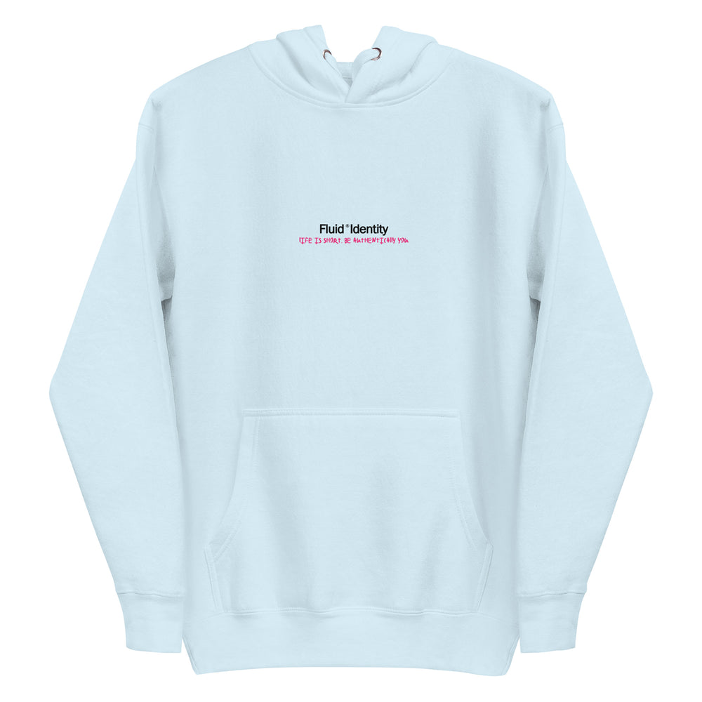 Light blue hoodie from Fluid Identity showcasing Urban Style Streetwear Fashion with a stylish front pocket